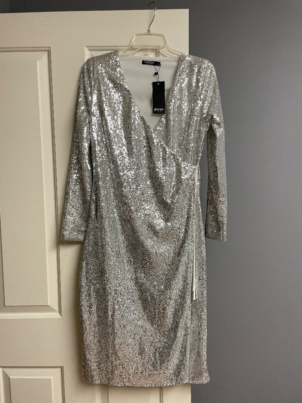 Nasty Gal Silver Sequin Wrap Midi Dress, Size 8, NWT